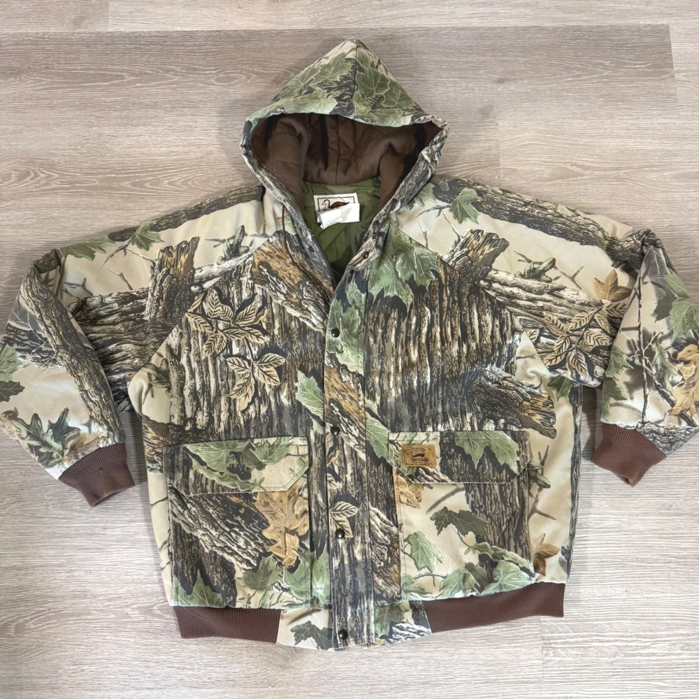 Vtg Duxbak Hooded Jacket Mens 2XL Realtree Camo Insulated Bomber Hunting Coat